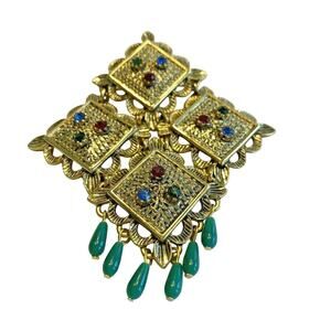 Sarah Coventry Moghul Temple Lights Brooch gold & colorful rhinestones statement